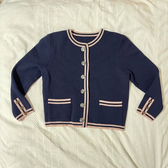 Vintage Preppy Contrast Knit Cardigan Jacket Navy Pink - M - Picture 3 of 12
